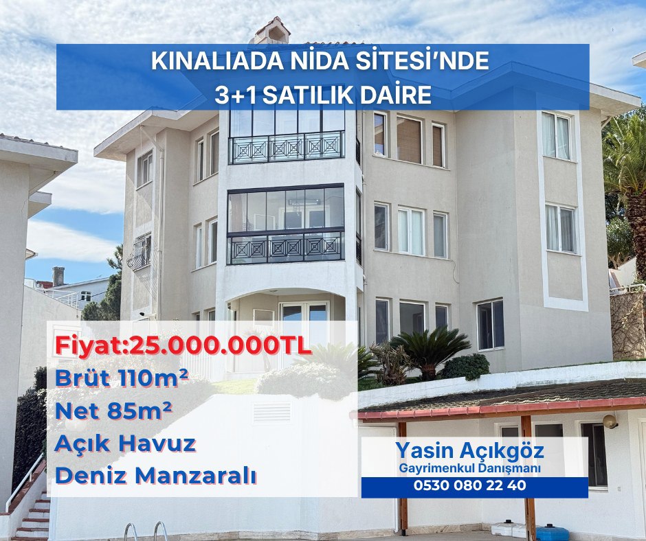 KINALIADA SATILIK 3+1 DENIZ MANZARALI 110M² DAIRE, HAVUZLU SITE