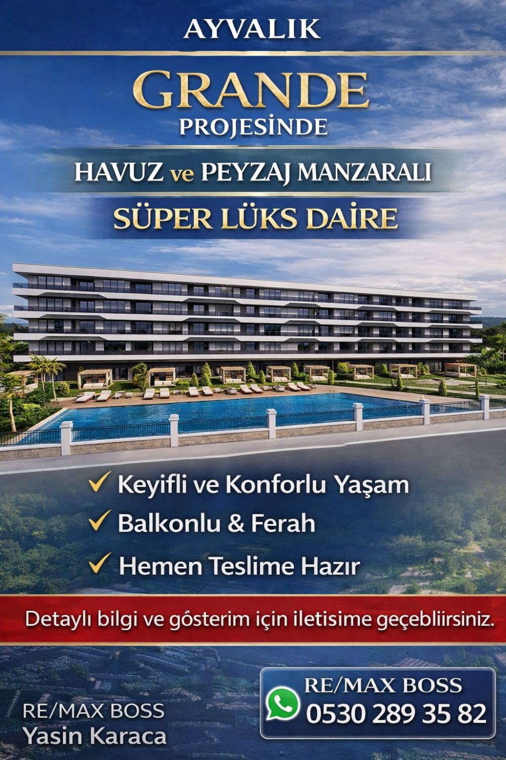 AYVALIK GRANDE PROJESINDE HAVUZ VE PEYZAJ MANZARALI SÜPER LÜKS DAIRE