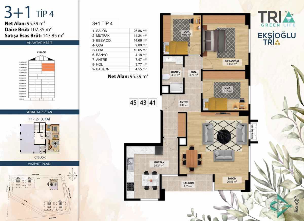 KARTAL ATALAR TRIA GREEN LIFE 3+1 | 148M2 BRÜT SATILIK DAİRE