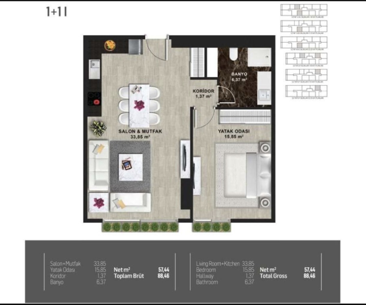 FİKİRTEPE MİNA TOWERS 9. KAT  GENİŞ I TİPİ NET 58 M² 1+1 DAİRE